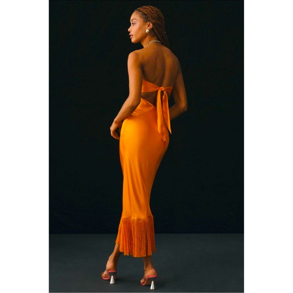 DELFI COLLECTIVE STRAPLESS SILK FRINGE DRESS